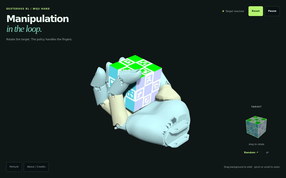 Simulated robotic hand holding a cube beside the target orientation control.