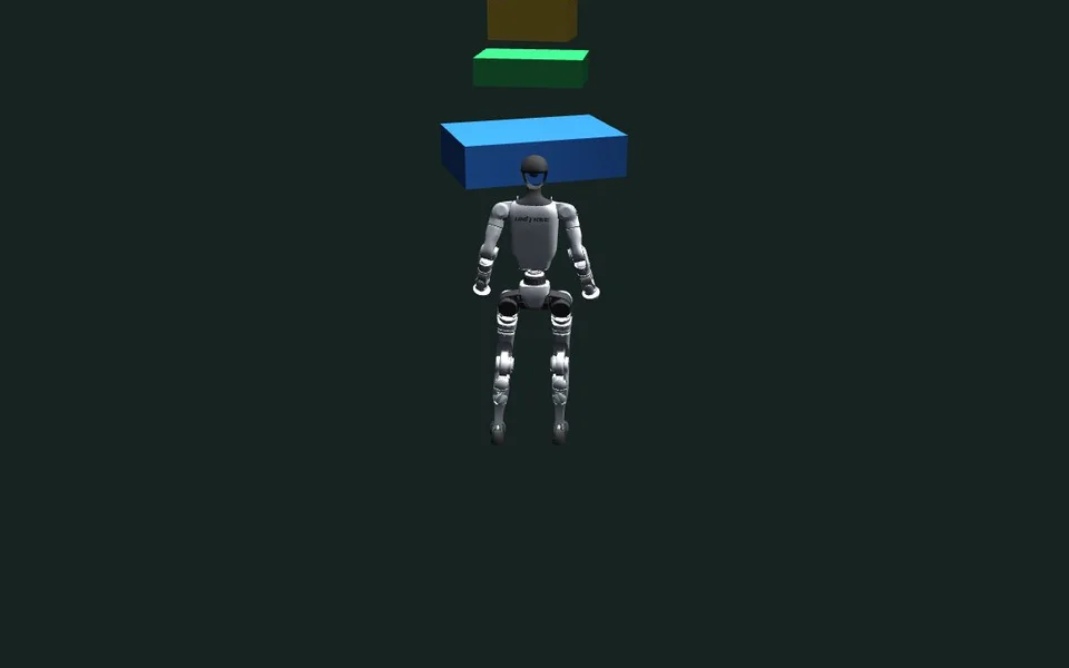 Unitree G1 facing a colored obstacle course in the depth-conditioned parkour simulator.